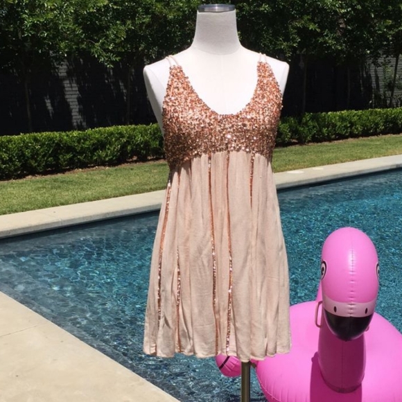 Free People Glitter Girl Sequin Rose Gold Embellished Mini Dress Medium - Picture 9 of 16
